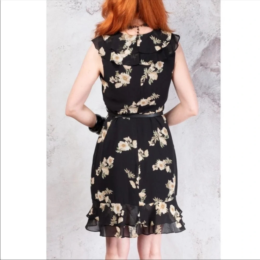 Bardot Floral Print Ruffled Faux-Wrap Cap Sleeve Dress Dark Romantic Size 6 - Picture 3 of 9